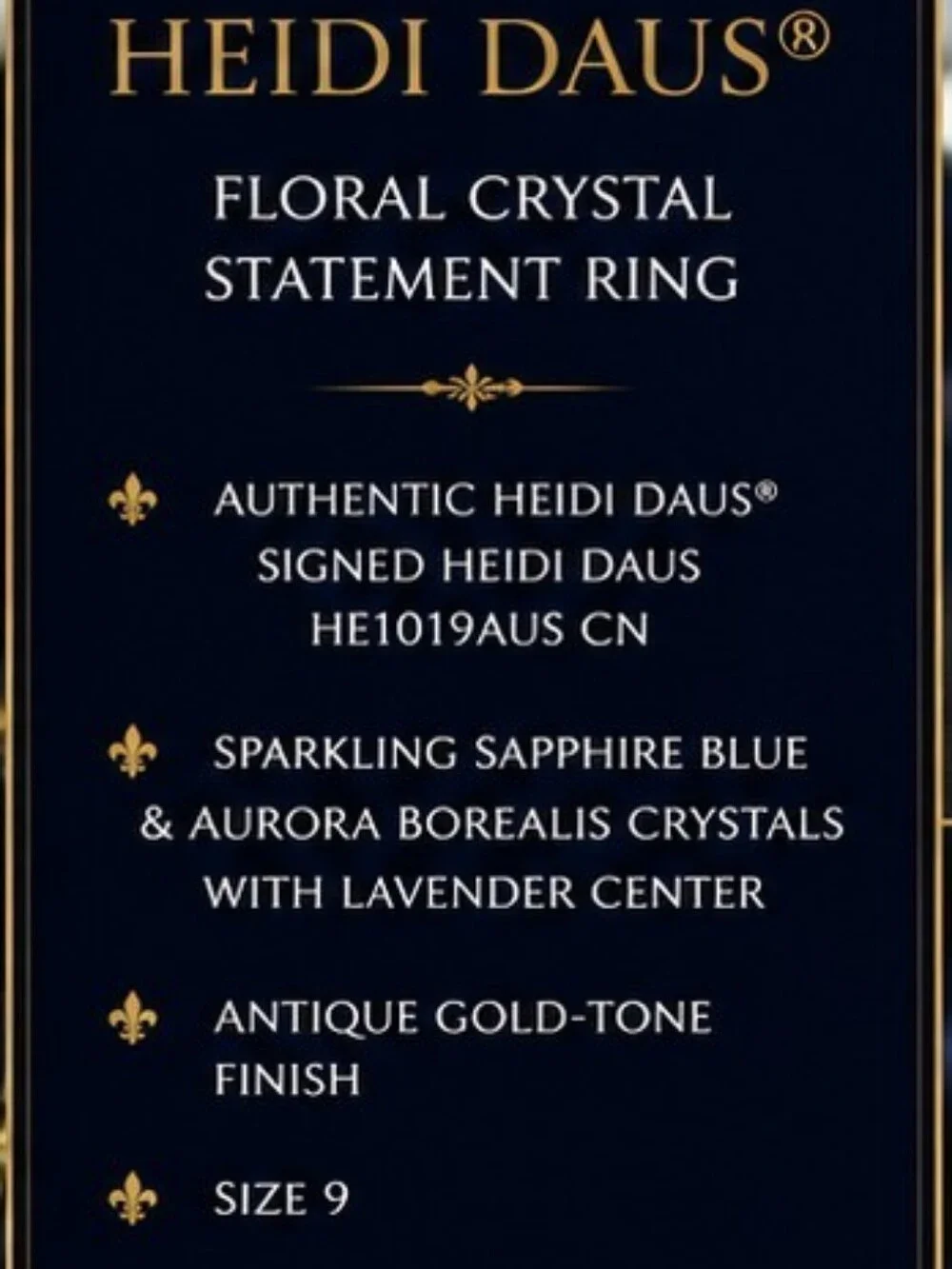 Heidi Daus Floral Crystal Statement Ring Size 9 Blue AB Rhinestone Gold Tone NOS